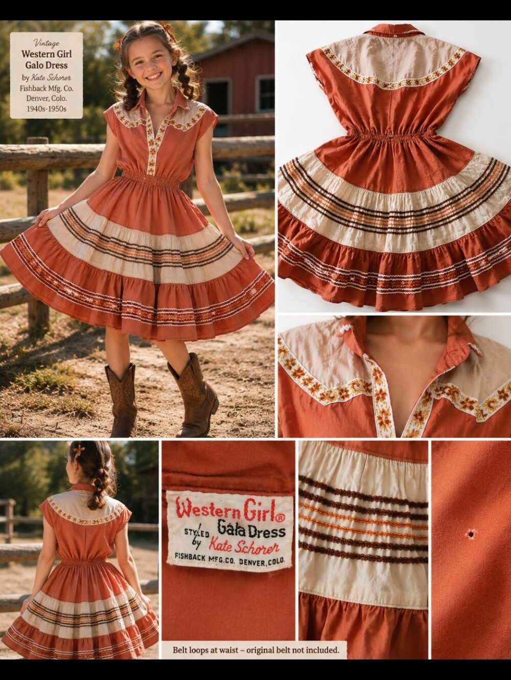 Vintage 1940s-1950s  Girls Western Girl Galo Dress Kate Schorer Fishback Denver